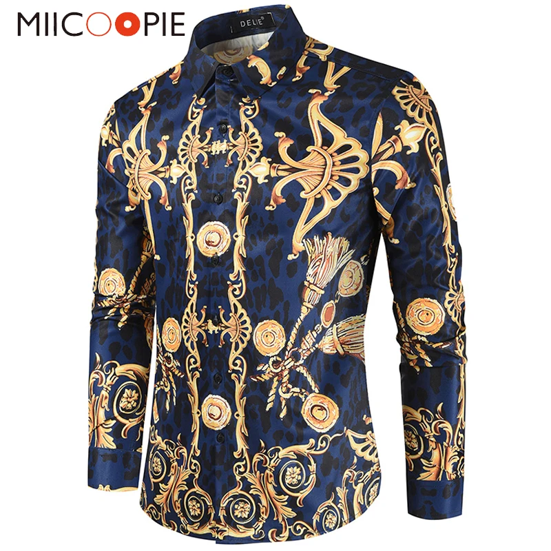 Noble Style Baroque Men Shirt Dress Fashion Design Leopard Printed Long-Sleeve Mens Floral Shirts Lapel Button Camisa Streetwear