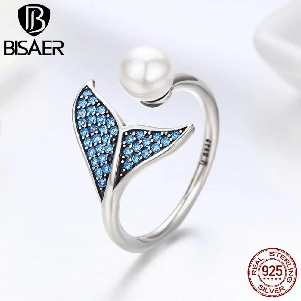 BISAER,, 925 пробы, серебряные, женские, хвост русалки, регулируемые кольца на палец для женщин, свадебные, Обручальные, ювелирные изделия, S925 GXR286