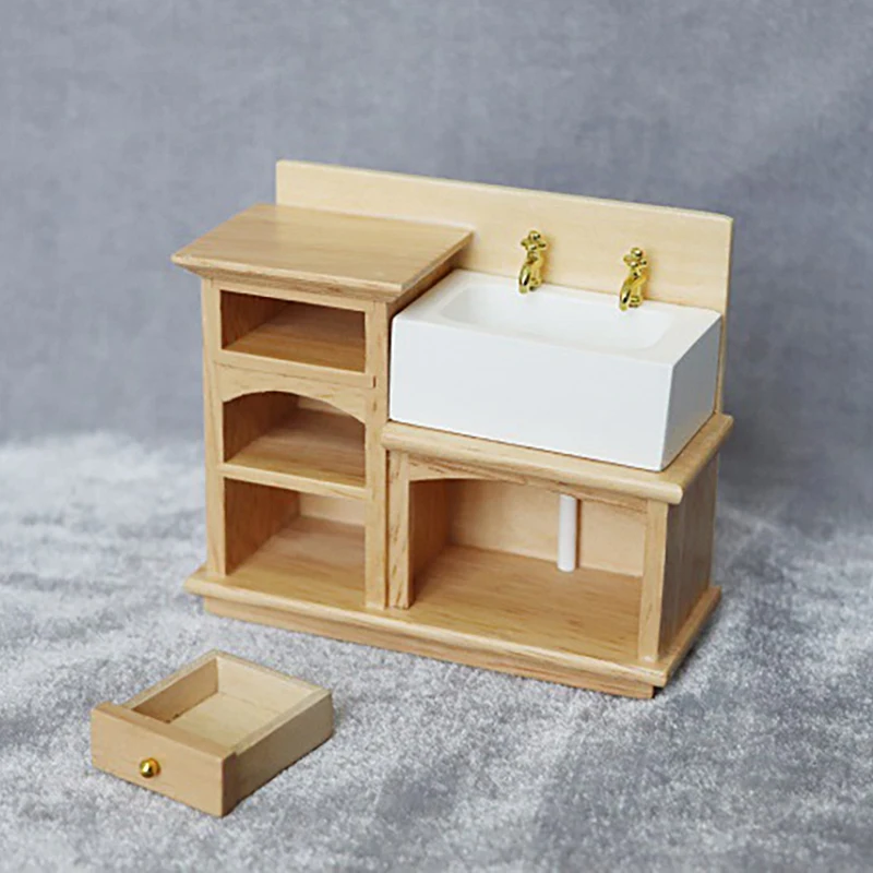 

1/12 Wooden Wash Basin Cabinet with Ceramic Hand Sink for Dollhouse Bathroom Kitchen Decoration Accessories