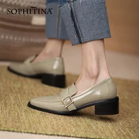 sophitina womens loafers square heel classic square toe belt buckle handmade shoes slip on new arrival single shoes women no422