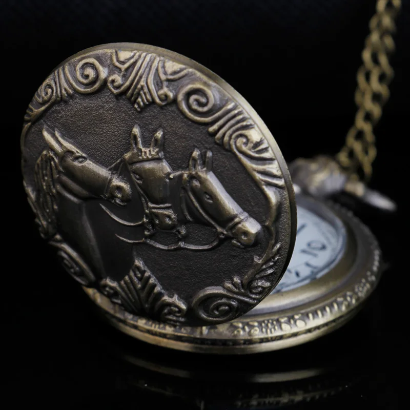 Винтажные кварцевые карманные часы с рисунком лошади цепочка на шею бронзовые