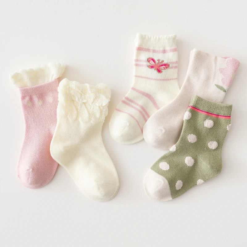 

5 Pairs Cotton Girls Socks Autumn Winter Sweet Polka Dot Butterfly Print Socks Infant Toddler Children Socks