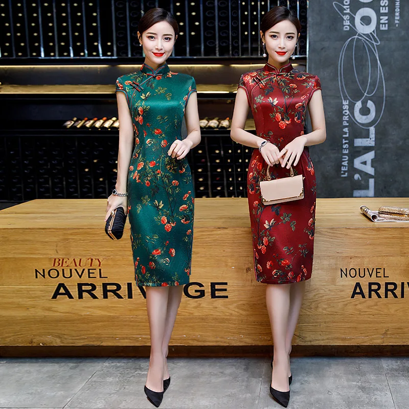 Женские красивые китайские Qipao платья Drak зеленые цветы Традиционные вечерние Qi Pao
