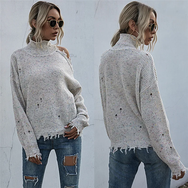 

Loose Autumn Winter Off Shoulder Long Sleeve High Neck Solid Color Knitted Sweaters Women Turtleneck Design Sweater