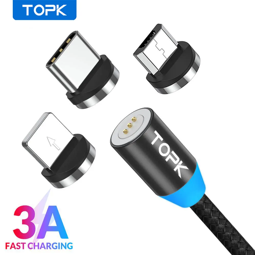 Магнитный зарядный кабель TOPK AM37 Micro USB Type C для iPhone X Xs Max 11 8 7 6 Xiaomi mi note 10 телефонные