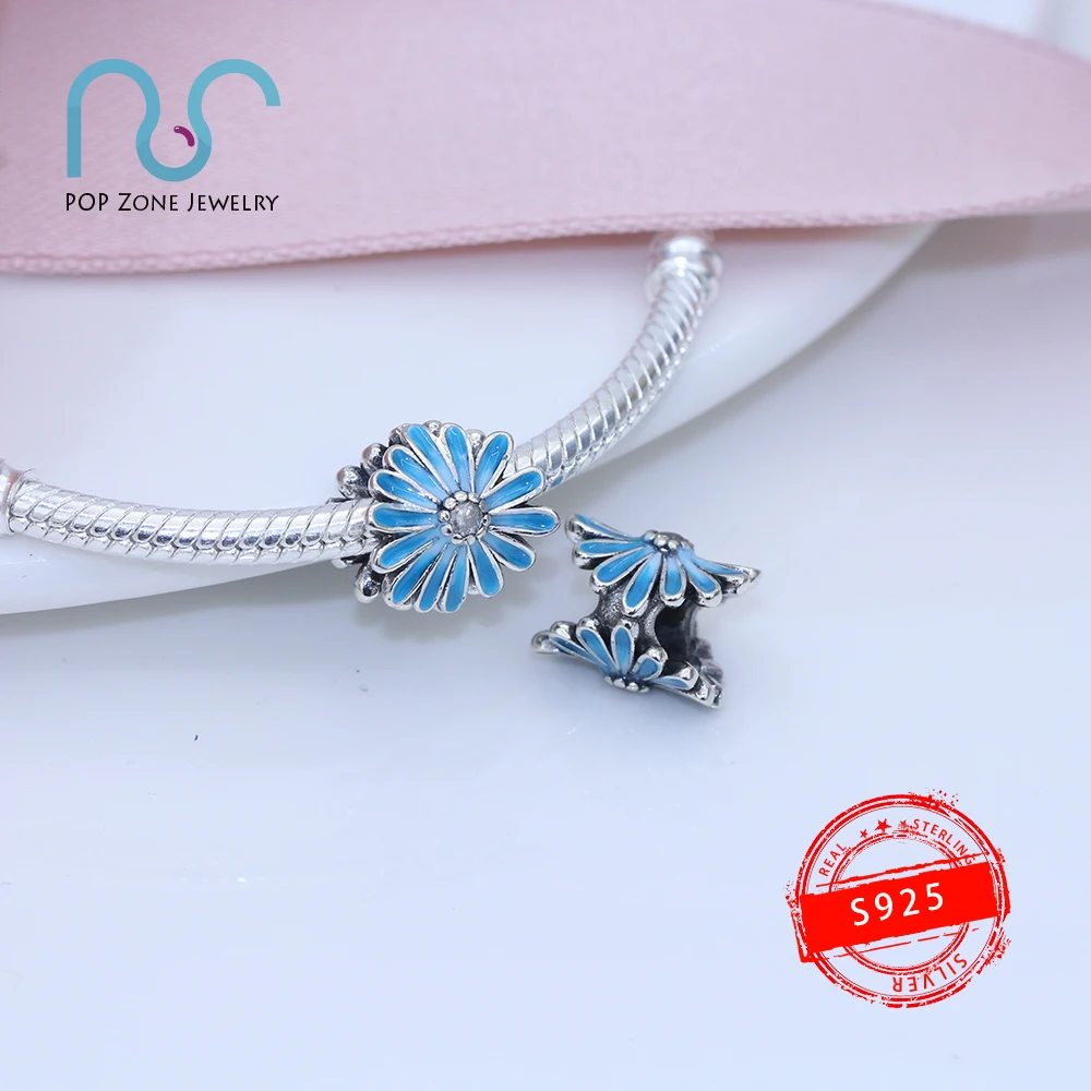 

Fit Original Pandora Charm Bracelets Blue Daisy Flower Charm Strong Free Fashion 925 Sterling Silver Fine Beads DIY New Jewelry