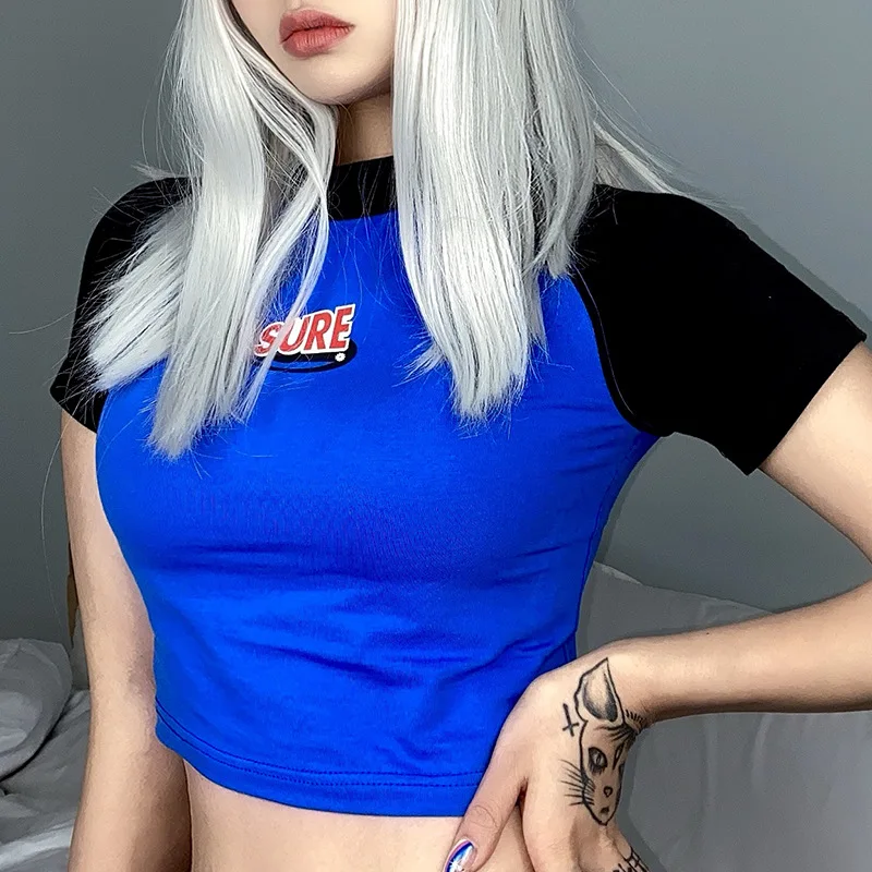 

Blue Color Contrat T-shirt Letter Printed Basic Casual Short Sleeve Slim Fit Crop Top Fashion Korean Style Tee Shirt Streetwear