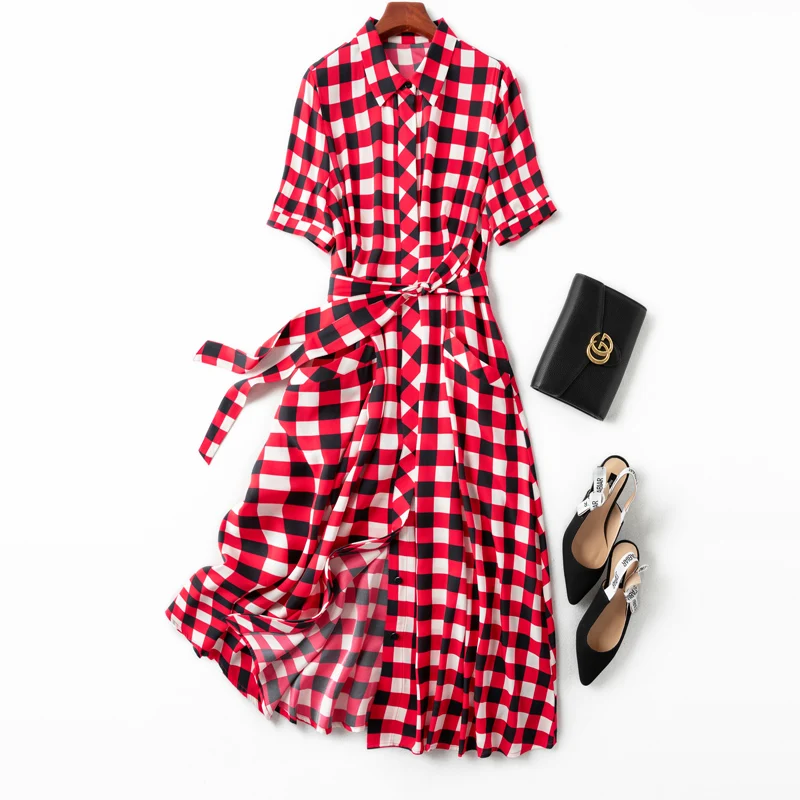 

SHUCHAN Retro Dress with Short Sleeve Sashes Mid-Calf Real Silk Dress Turn-down Collar Korean Fashion Dresses 2021 summer