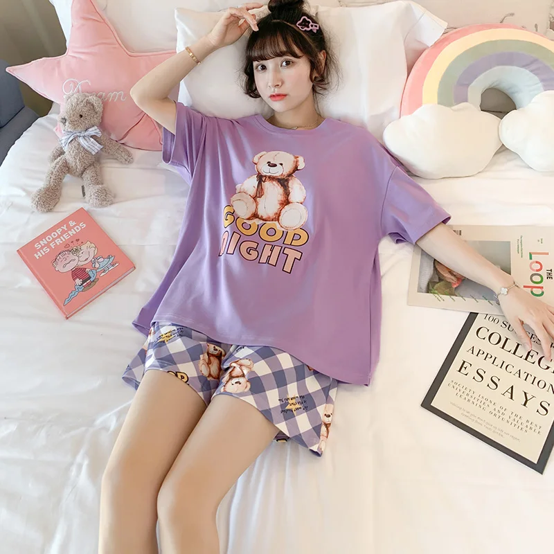 

Пижама женская хлопковая в Корейском стиле, свободный фиолетовый костюм с коротким рукавом, тонкая Милая Повседневная Домашняя одежда, вес...