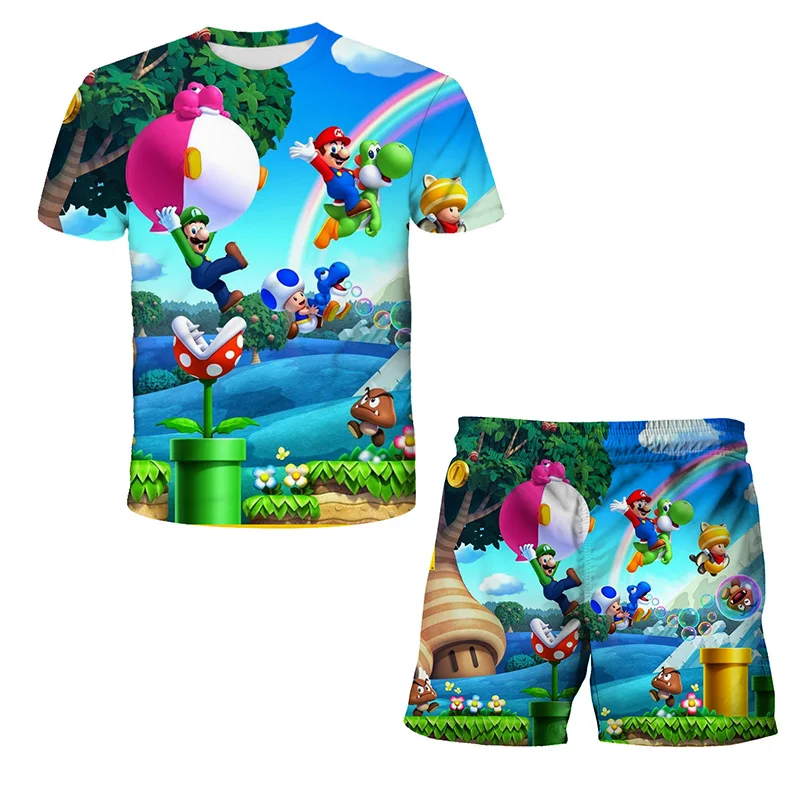 

2021 Summer Mario Cartoon Anime Boys and Girls Shirts Tops Shorts Sports Casual Fashion All-match 2 Children's 3DT Shirt Set