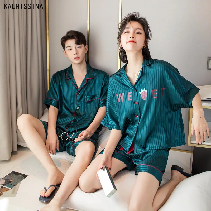 

Summer Sleepwear Women Couple Pajamas Short Sleeve Turn-down Collar Nightshirts Shorts Sets Silk Home Suit Men Pajamas Homewear