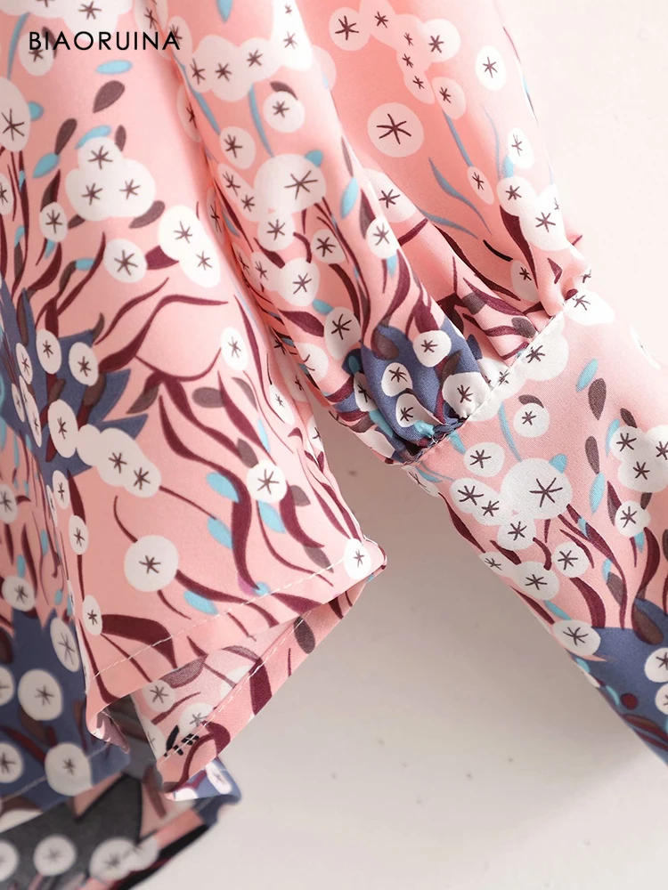 

BIAORUINA Women's Print Single Breasted Loose Casual Shirt Bow Collar Female Long Sleeve Pink Fashion Blouse Tops New Arrival