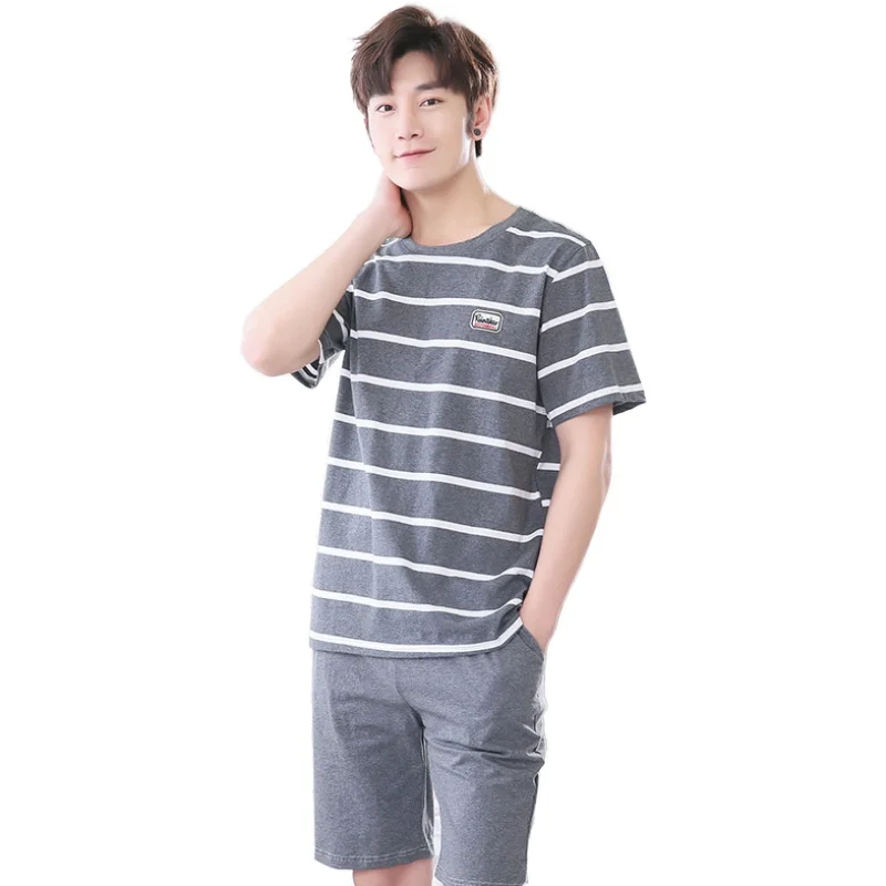 

Newest Men's Pajamas Set Plus Size L-4XL Summer Striped Sleepwear Men's Short Sleeve Nightwear Short Top Pant Leisure Outwear