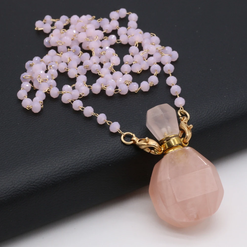 

Natural Rose Quartz Stone Essential Oil Vial Charms Crystal Bead Chain Perfume Bottle Pendant Necklace Women Party Jewelry 80CM