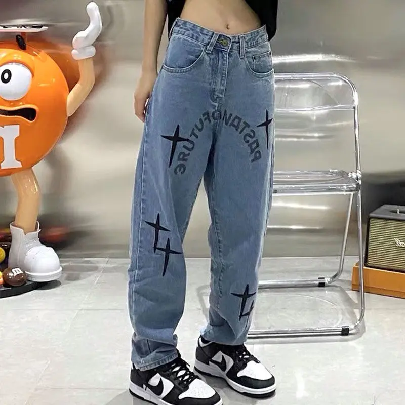 

loose denim trousers casual pants women trend woman jeans jeans woman high waist pants New 2021 high street cross print straight
