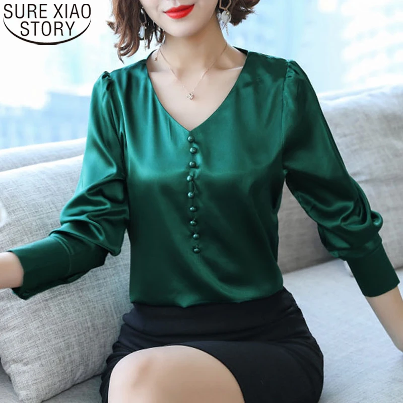 

Imitation Silk Satin Blouses Elegant Women Blouse Office Lady Women Tops 2021 Spring Long Sleeve Multi-button V-neck Shirts 8000