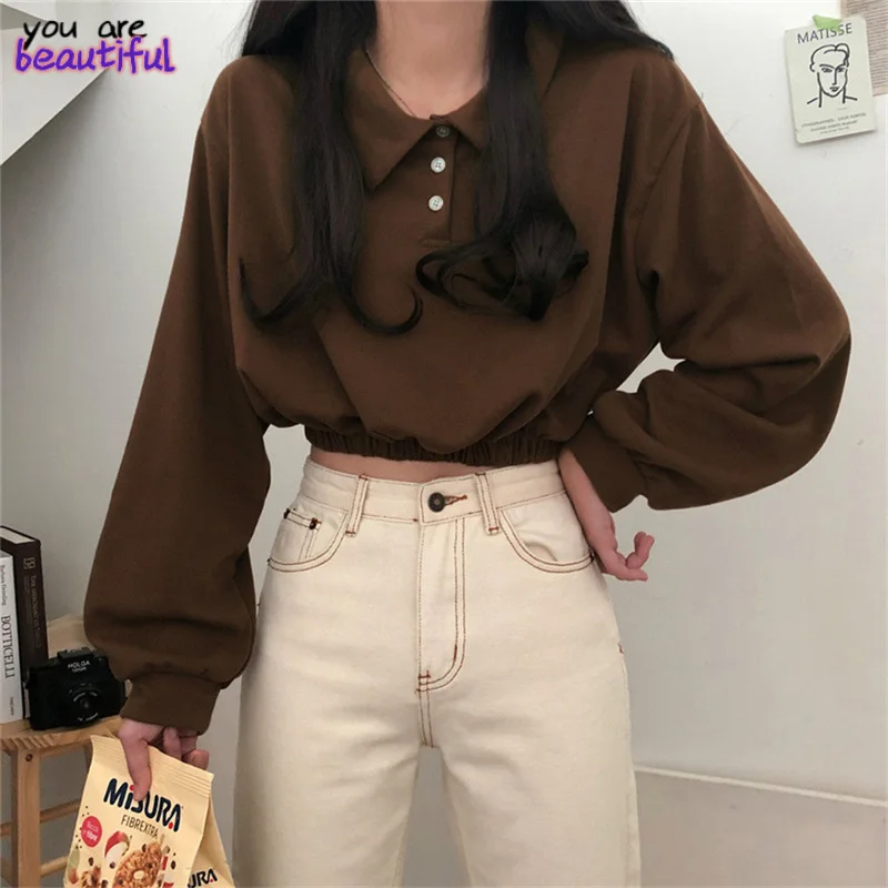 

Autumn Women Crop Sweatshirt Long Sleeve Basic Solid Casual Pullovers Turn Down Collar Loose Hoodies Streetwear Brown Hoodie