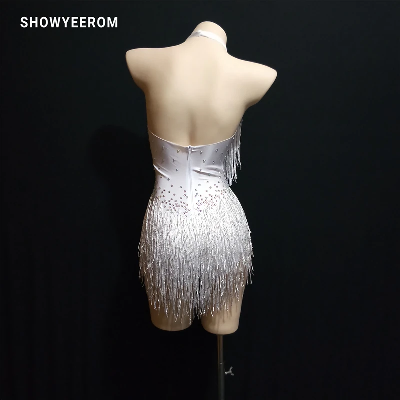 white Sparkly Rhinestones Tassel Leotard Nightclub Dance DS Show Stage Wear Stretch Bodysuit Party Female Singer Outfit | Тематическая