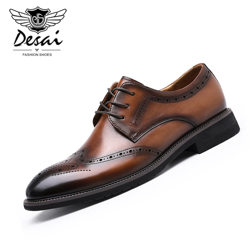 DESAI Brand Business Dress Shoes Men Genuine Leather Retro Lace-up Shoe Men's Cowhide Broch Rubber British Shoes