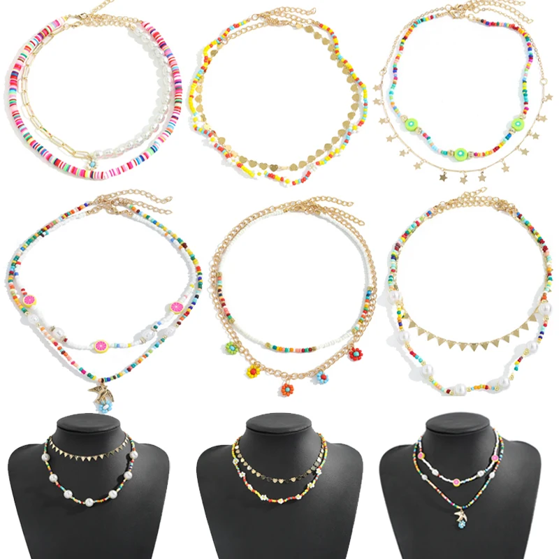 

Multilayer Bead Strand Beaded Choker Necklace For Women Bohemian Colorful Handmade Short Shell Pearl Necklace Collar Jewelry