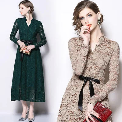 

European Station Autumn New Long-sleeved Lace Hollow-out Lace-up Dresses