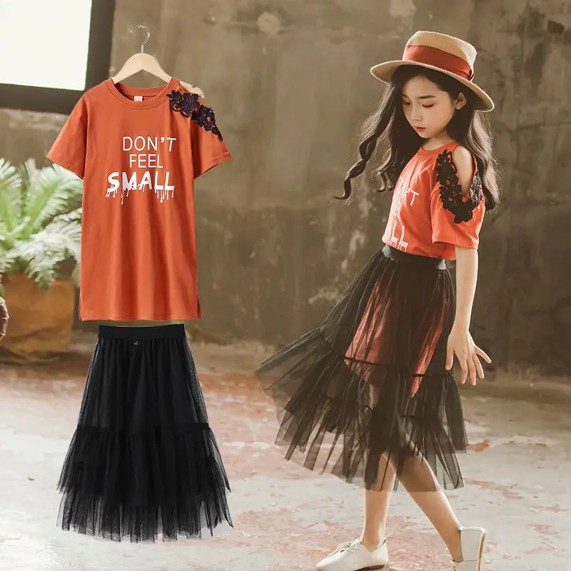 

New Cute Lace Spring Summer Children's Clothes Baby Girls T-Shirt + Dress 2pcs/Set Kids Costume Teenage Clothing High Quality