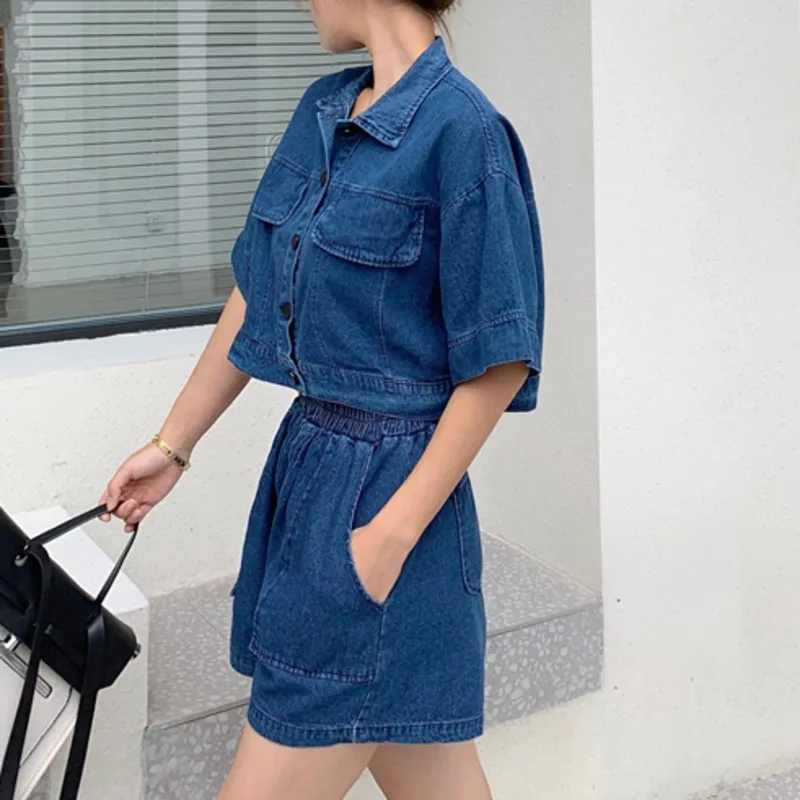 

Korean 2021 Summer New Casual Ensembles Femme Slim Shorts Sets Denim Single Breasted Top + Elastic Waist Shorts Two-piece Suits