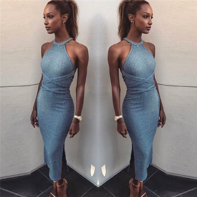 

Grace Fashion Backless Dress Sleeveless Bandage Dresses Round Neck Thread Slim One-step Summer Dress Blue Maxi Dresses for Women