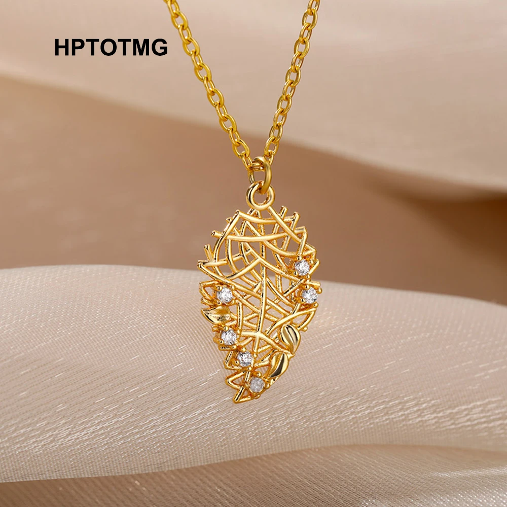 

Vintage Tree Leaf Zircon Irregular Pendant Necklace for Women Goth Gold Hollow-Out Charm Choker Chain Necklace Jewelry Gift 2021