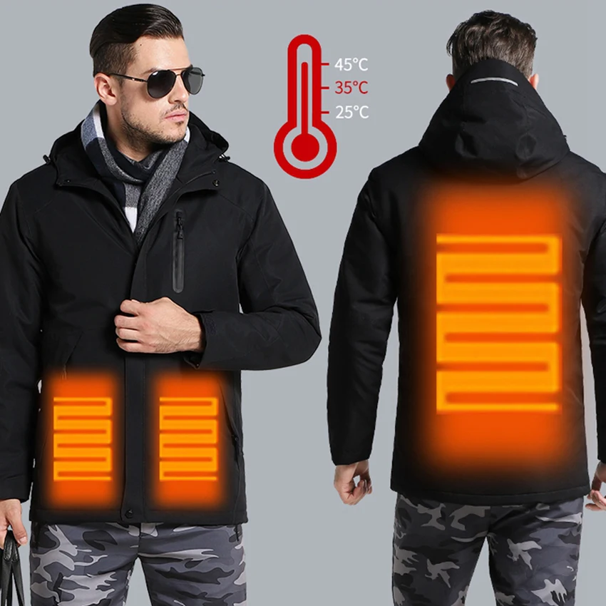 

Men Winter Thick USB Heating Cotton Jacket Waterproof Windbreaker Hooded Winter Coat Thick Warm Mens Winter Jacket Father's Gift