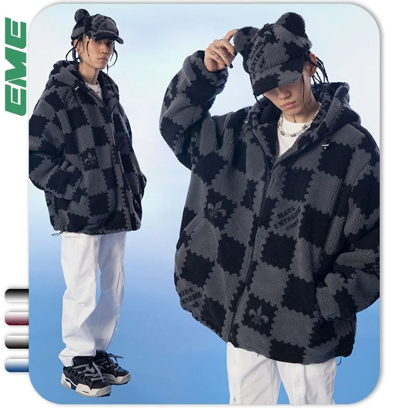 

MADEEXTREME Street vintage plaid cotton coat color block lamb wool hooded jacket hip hop oversized warm Winter Parka LY830-1