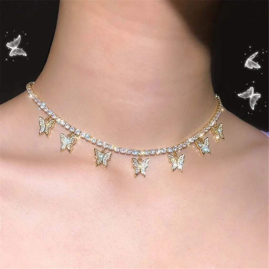 

Fashion Crystal Tennis Chain Necklaces For Women Gold Silver Color Seven Butterflys Pendant Necklace Wedding Party Jewelry