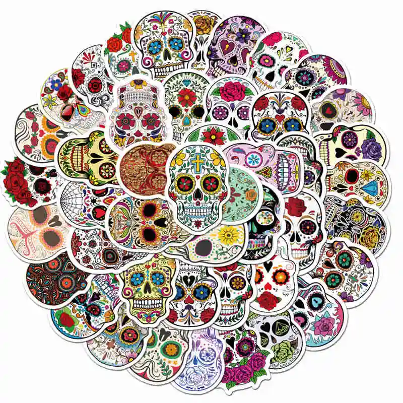 Pegatinas de calavera de az&uacute;car de dibujos animados para ni&ntilde;os, 50 Uds., pegatinas impermeables para monopat&iacute;n, guitarra, port&aacute;til, grafiti, PVC, calcoman&iacute;as de coche, juguete para ni&ntilde;os-1