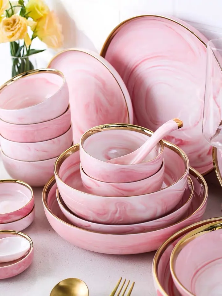 Мраморная серия розовая керамическая столовая посуда высококачественный 9/18/26