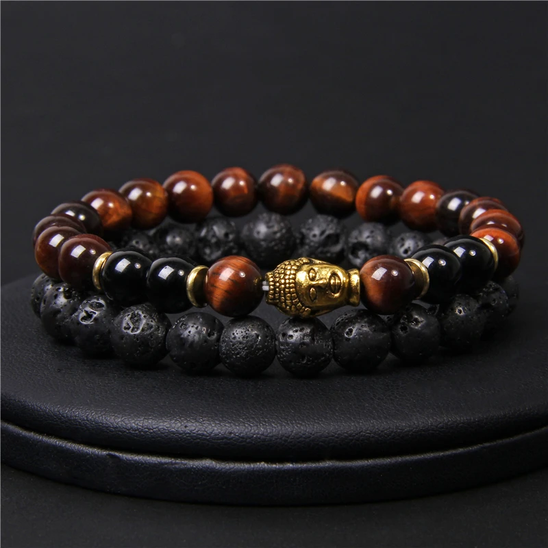 Браслет из вулканической лавы 8 мм 2 шт./компл. Золотая подвеска в виде головы