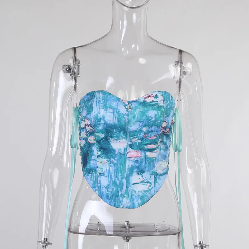 

Women Vintage Tie Dye Lace-Up Corset Tops Summer 2021 Y2K Fashion Print Strapless Tank Tops Sexy Party Outfits Bandage Sling
