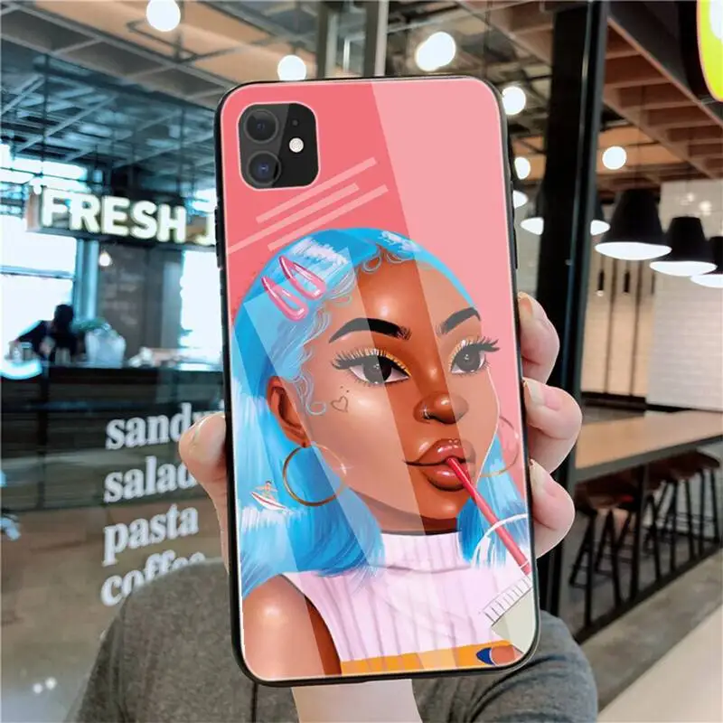 

Fashion Black Girls Phone Case Tempered Glass For Iphone6plus 6S 7 7plus 8 X XS XSmax XR 11 12 Pro Max 12mini