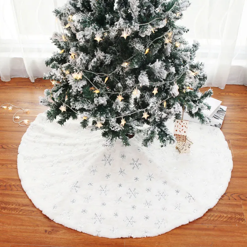 90/122CM Christmas Tree Skirt White Plush Sequin Embroidered Snowflakes For Home Decoration Mat New Year's Gift | Дом и сад