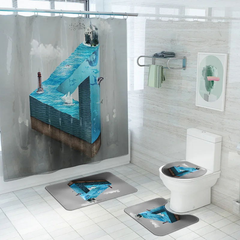 

3D Underwater World Fabric Shower Curtains Bathroom Curtain Ocean Sea Anti-skid Pedestal Rugs Carpet Toilet Lid Cover Bath Mat