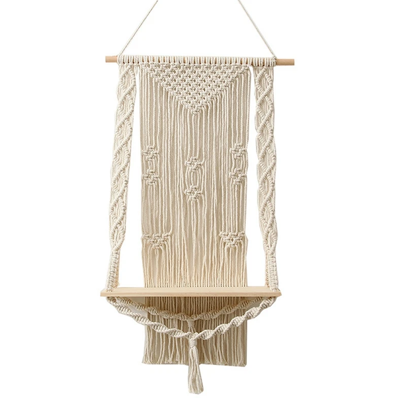 Boho Plant Holder Macrame Shelf Tapestry Wall Hanging Rack Bohemian Decor Hand-Woven Shelves Wooden Planter Basket | Дом и сад