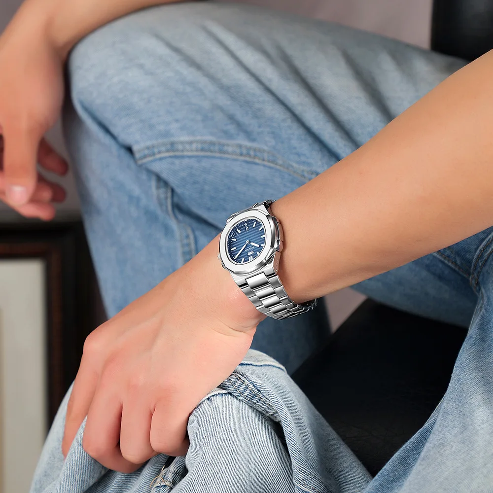 

Summer Business Luxury Llue Calendar Waterproof Men's Watch Stainless Steel Butterfly Double Button Quartz Clock