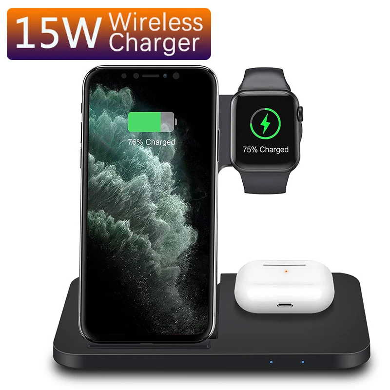 

15W 3 in 1 Folding Fast Charge Support QI Wireless Charger For iphone 13 12 11 Pro Max Apple Watch SE 6 5 Airpod Pro Samsung S9+