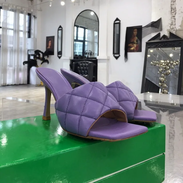 

Fashion leather casual slippers spring and summer new diamond plaid high heel sandals and slippers women