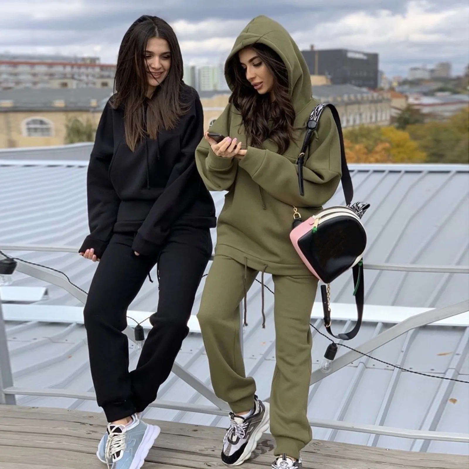 

Fashion Women's tracksuit Casual Fleece Long Sleeve Plus Size Solid Hoodie Trousers Sports Suit Autumn Ladies two piece set 2021