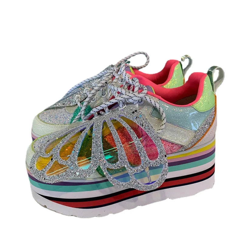 

Spring Fashion Thick Bottom Color Casual Shoes Comfortable Personality Heighten Shoes Butterfly Wings Decoration Women's Shoes