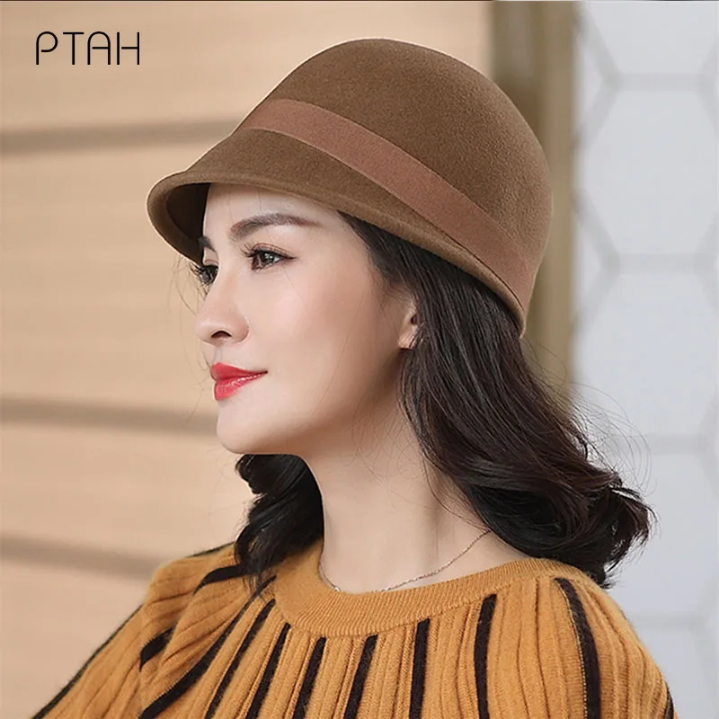 

[PTAH] Women Wool Hats Church Autumn Winter New Warm Fedoras For Ladies Temperament British Style Vintage Hats Caps High Quality