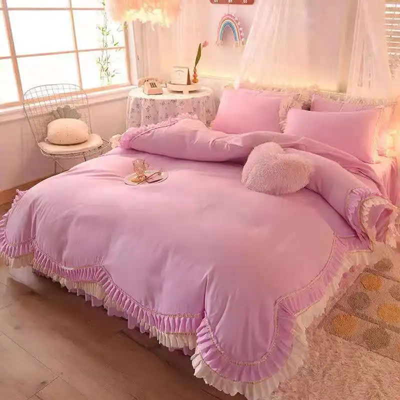 

4Pcs Summer Princess Style Bedding Set Washed Cotton Lace Quilt Cover Duvet Cover Sheet Bed Skirt Pillowcase Twin Queen Size