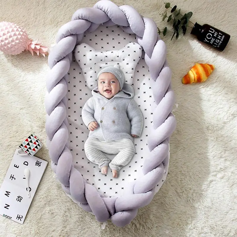 

Portable Baby Knit Crib Newborn Sleeping Nest Infant Travel Bed Soft Breathable Cotton Lounger with Anti-collision Bumper