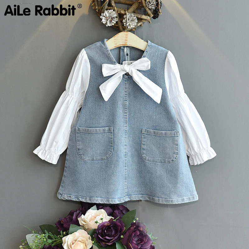 

Autumn 2021 New Girls' Korean Shirt Denim Stitched Loose Dress