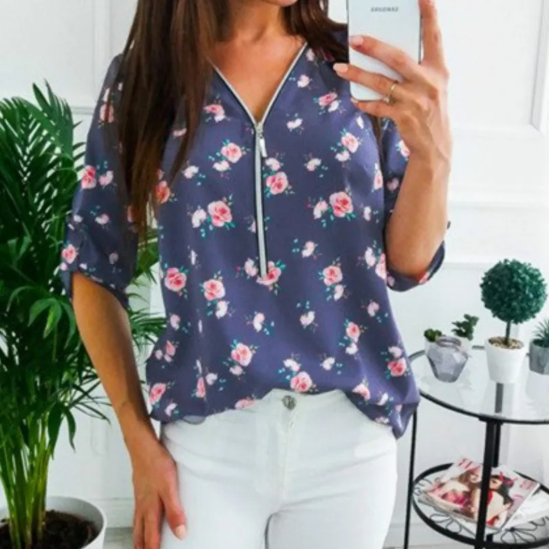 Осенние топы с цветочным принтом Женская Повседневная рубашка на молнии